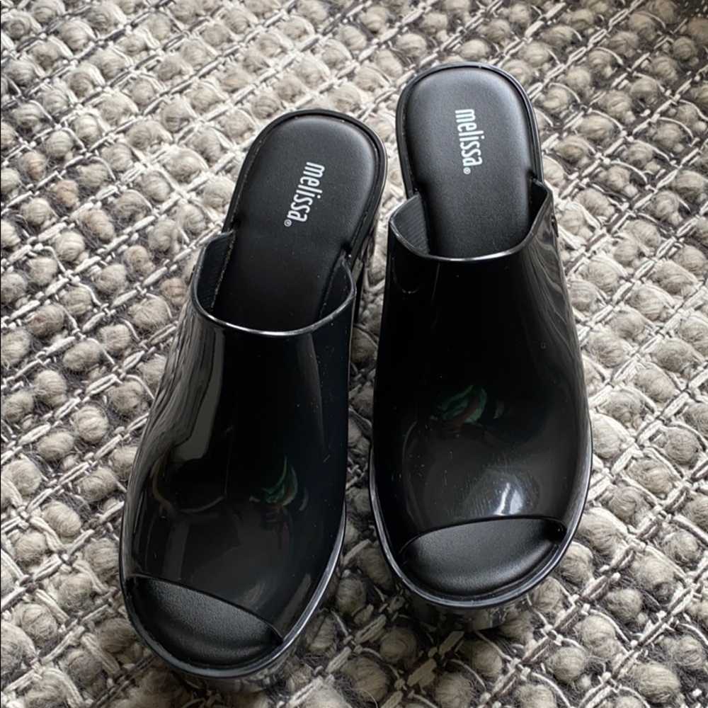 Black chunky heeled mule slides